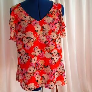 CAbi red flowery open shoulder blouse